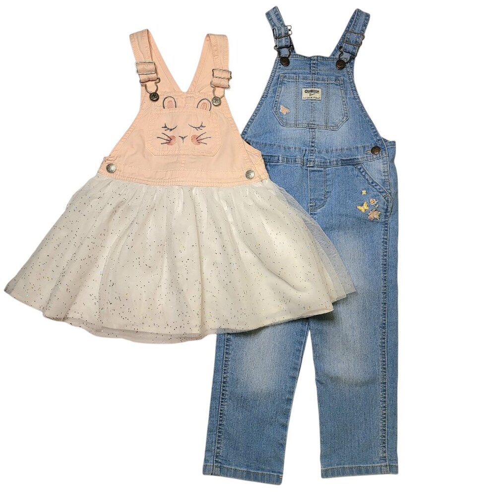 Girls Toddler OshKosh B'gosh Floral Overalls & Bunny Jumper Dress Bundle Sz 4T